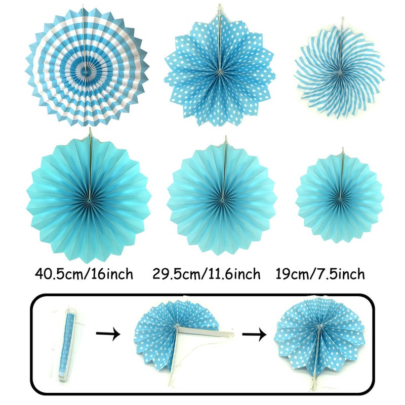 ZERODECO Party Decoration, 21 Pcs Blue Hanging Paper Fans, Pom Poms Flowers, Garlands String Polka Dot and Triangle Bunting Flags for Boy Birthday Parties, Bridal Showers, Baby Showers, Wedding - Image 2